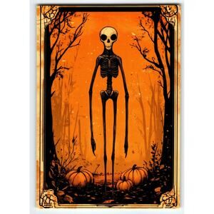Vintage Halloween Skeleton & Pumpkins Orange Photochrome Postcard